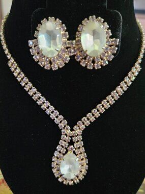 Vintage Rhinestone and Moonglow Stone Necklace & Earring Set
